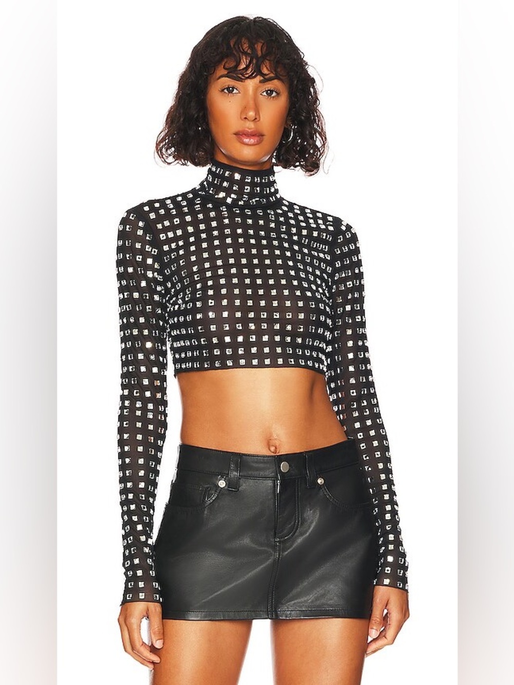 NBD Revolve Black Silver Rhinestone Studded Long Sleeve Mock Neck Crop Top NWT